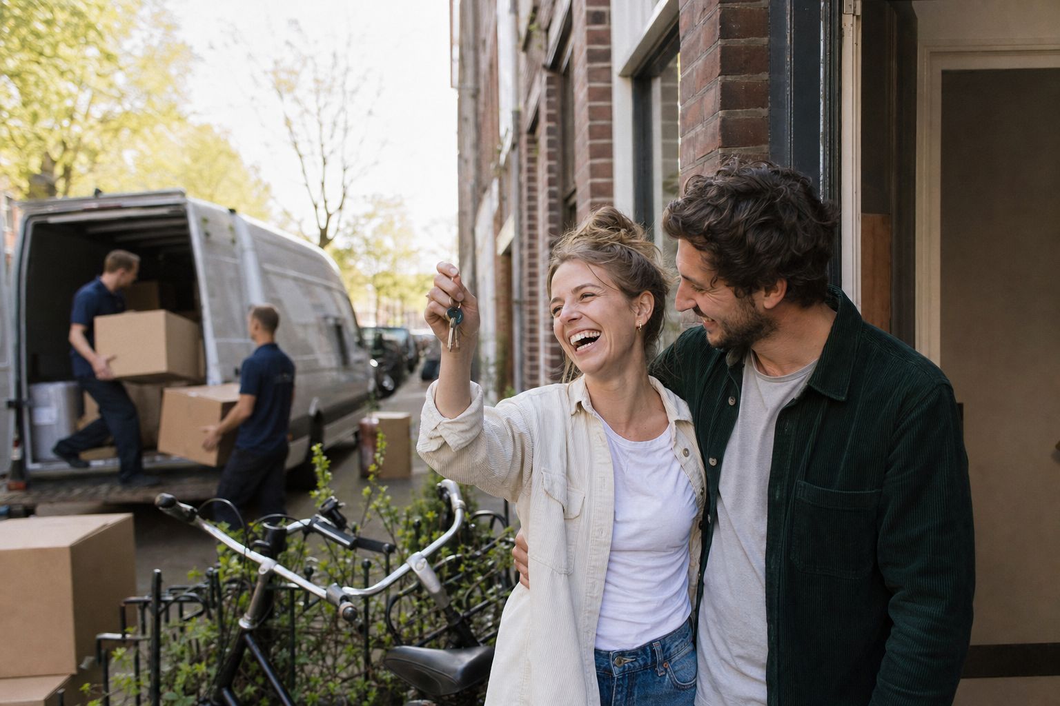 Stel met de sleutel van hun nieuwe woning op de stoep