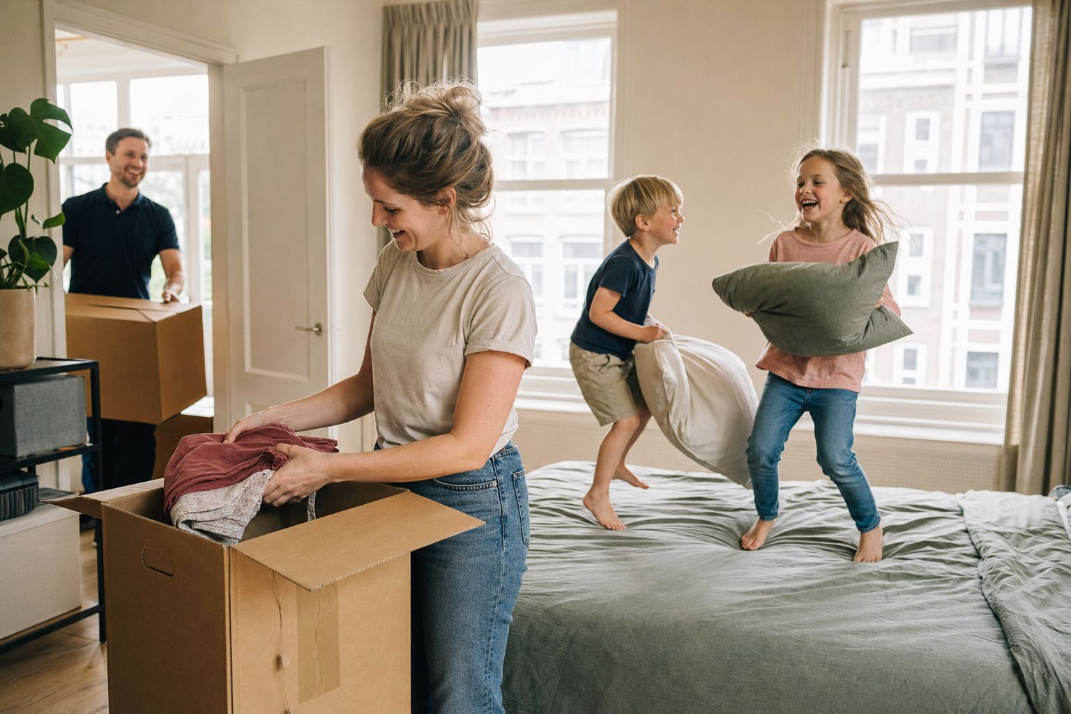 Kinderen springen op bed terwijl de verhuisdozen worden uitgepakt