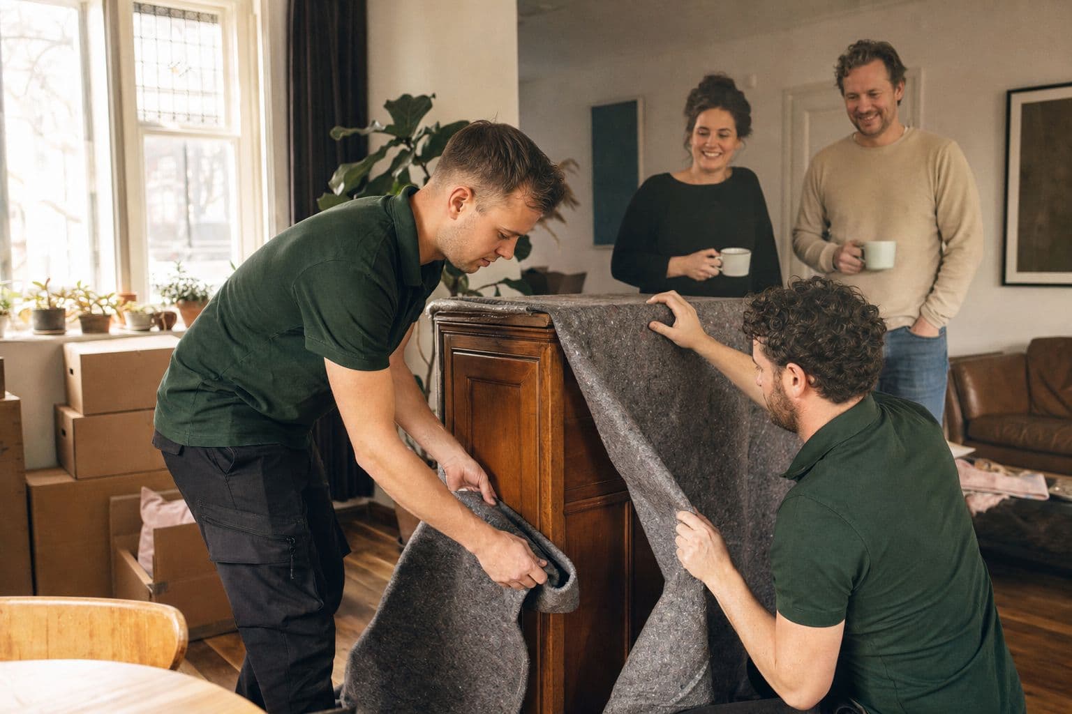 Verhuizers pakken een houten kast zorgvuldig in met verhuisdekens